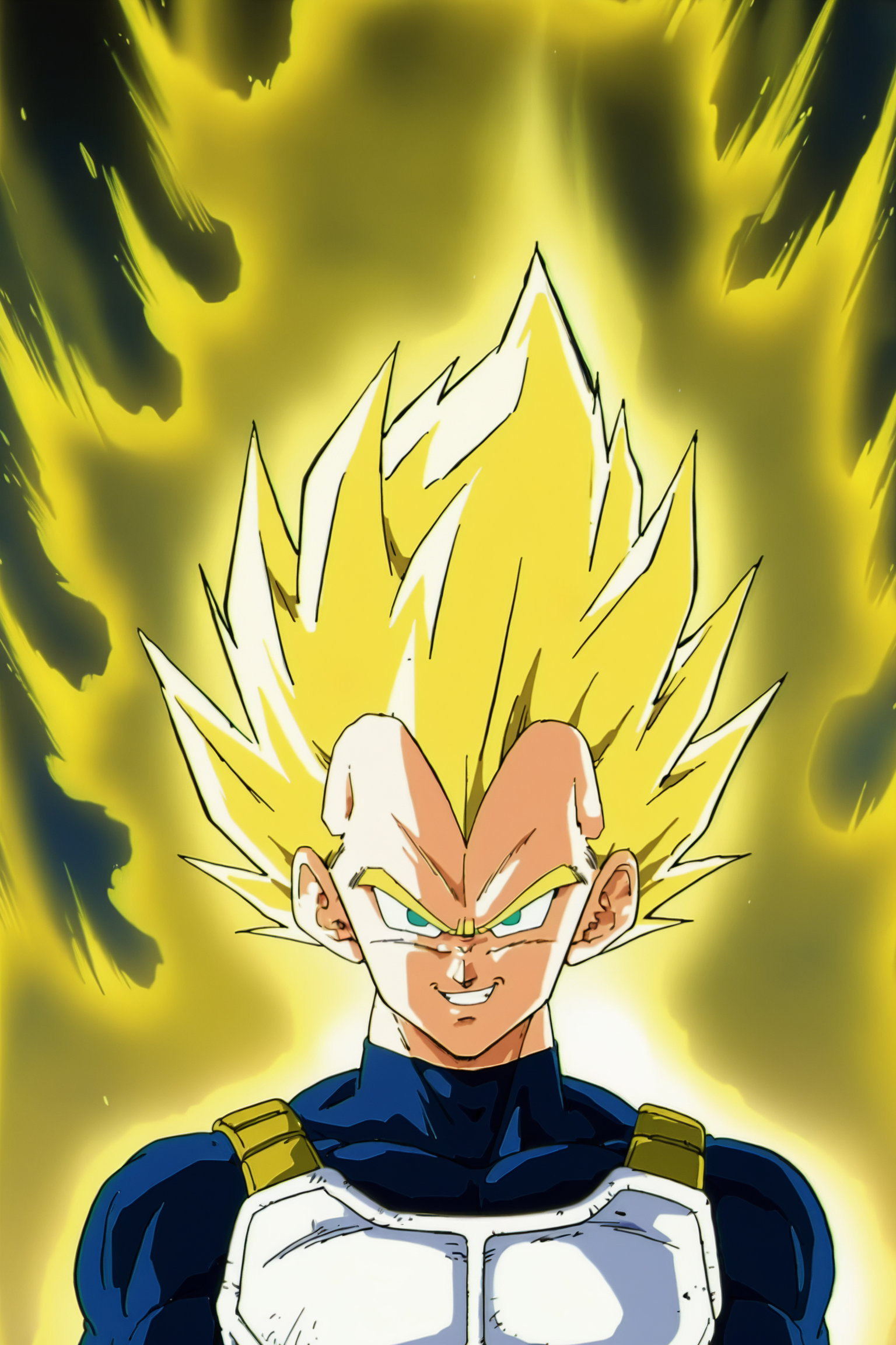 anime screencap, masterpiece, best quality, amazing quality, very aesthetic, absurdres,  newest, (scenery, volumetric lighting),
vegeta, official costume, modern saiyan armor, super saiyan, 1990s \(style\), anime coloring, retro artstyle, solo, smile, teeth, open mouth, spiked hair, blonde hair, aqua eyes, golden aura, smoke, 1boy, male focus, muscular, saiyan armor, blue bodysuit, portrait, arms at sides, grin, v-shaped eyebrows, looking at viewer, no pupils
<lora:Vegeta_IL_V2:0.8>