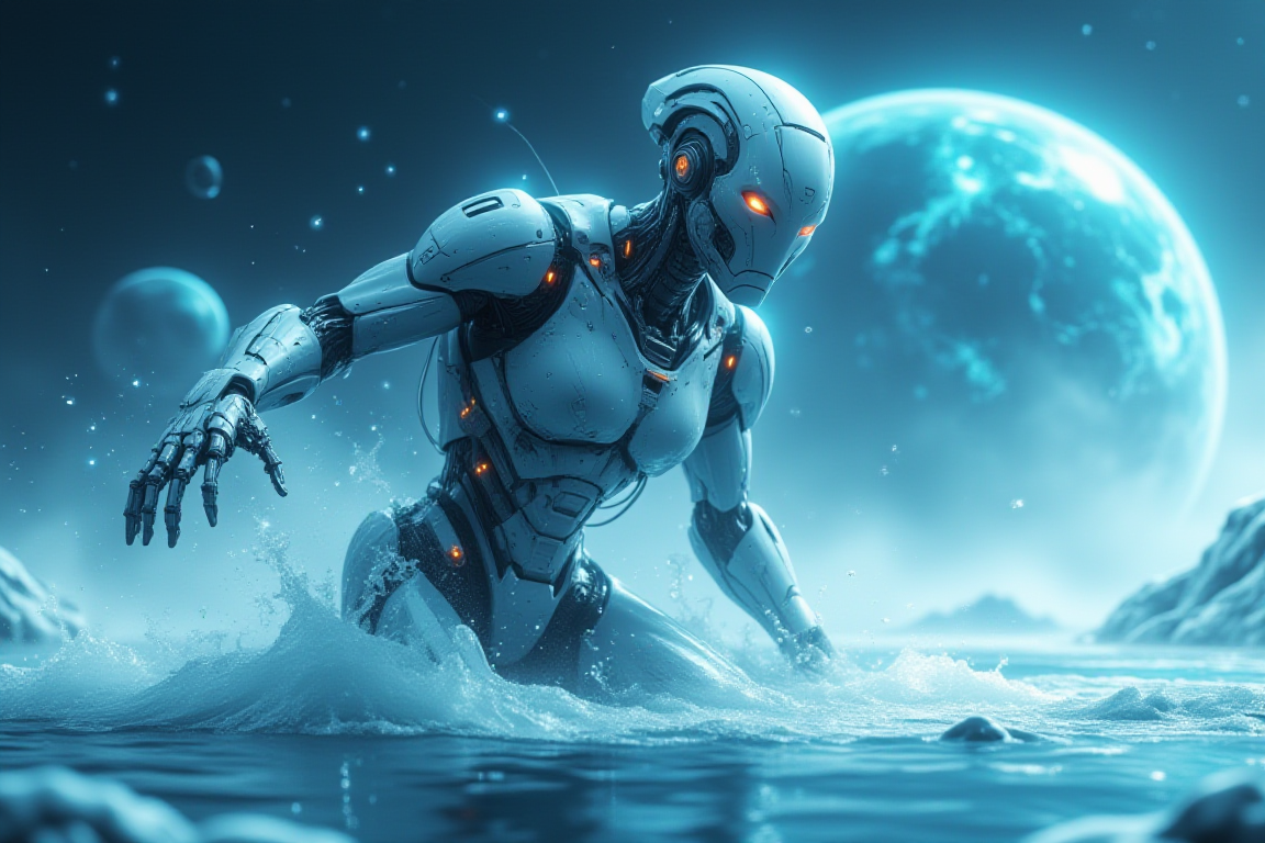 Abstract Lighting Effects, Hyperrealism, Midjourney Style, Photorealism, Cinematic, High Fidelity, Realism, Light Play,
"A futuristic robot emerges from an icy ocean on an alien planet. The robot has a streamlined, metallic body with intricate details and orange highlights, including glowing red eyes. Water droplets fly around as it dynamically reaches out with one hand, suggesting motion and power. The background features a dramatic, icy landscape under a starry sky, with a massive planet and moons visible above. The atmosphere is chilly and foreboding, yet awe-inspiring, combining elements of sci-fi and adventure in a cold, extraterrestrial setting."