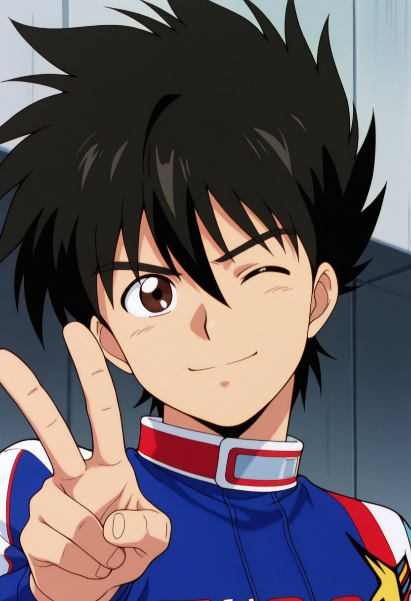 masterpiece,best quality,amazing quality, source_anime,
hayatokazami, 1boy, male focus, solo, brown eyes, black hair, racing suit, jumpsuit, blue jumpsuit, multicolored jumpsuit, smile, determined, one eye closed, v, looking at viewer, portrait,
