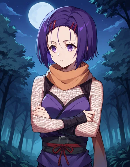 score_9, score_8_up, score_7_up, source_anime, <lora:haruna-sairenji-darkness-ponyxl-lora-nochekaiser:1>, haruna sairenji, hair ornament, hairclip, purple eyes, purple hair, short hair, swept bangs, forehead, medium breasts, <lora:ninja-ponyxl-lora-nochekaiser:1>, ninja, fishnets, scarf,, moon, night, forest, trees,, cowboy shot