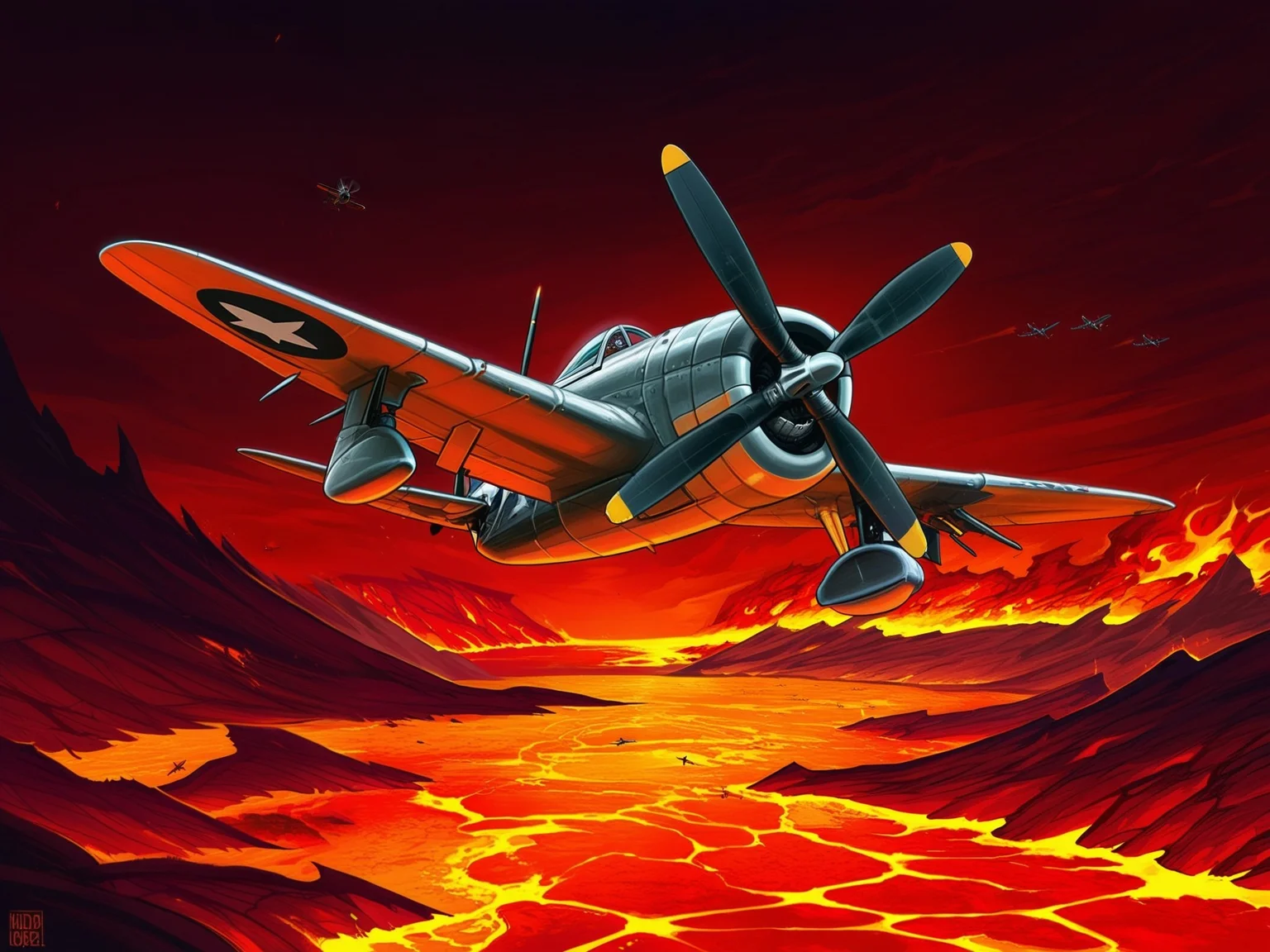<lora:P-47_Thunderbolt_Illustrious:1.0> (p-47 thunderbolt, aircraft, airplane, propeller:1.1), 1girl, demon,horns,wings hellscape, lava, flying, wings, horns, wild_smile, fire_background, red_glow, action_scene, masterpiece, best_quality, amazing_quality