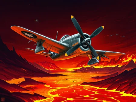 <lora:P-47_Thunderbolt_Illustrious:1.0> (p-47 thunderbolt, aircraft, airplane, propeller:1.1), 1girl, demon,horns,wings hellscape, lava, flying, wings, horns, wild_smile, fire_background, red_glow, action_scene, masterpiece, best_quality, amazing_quality