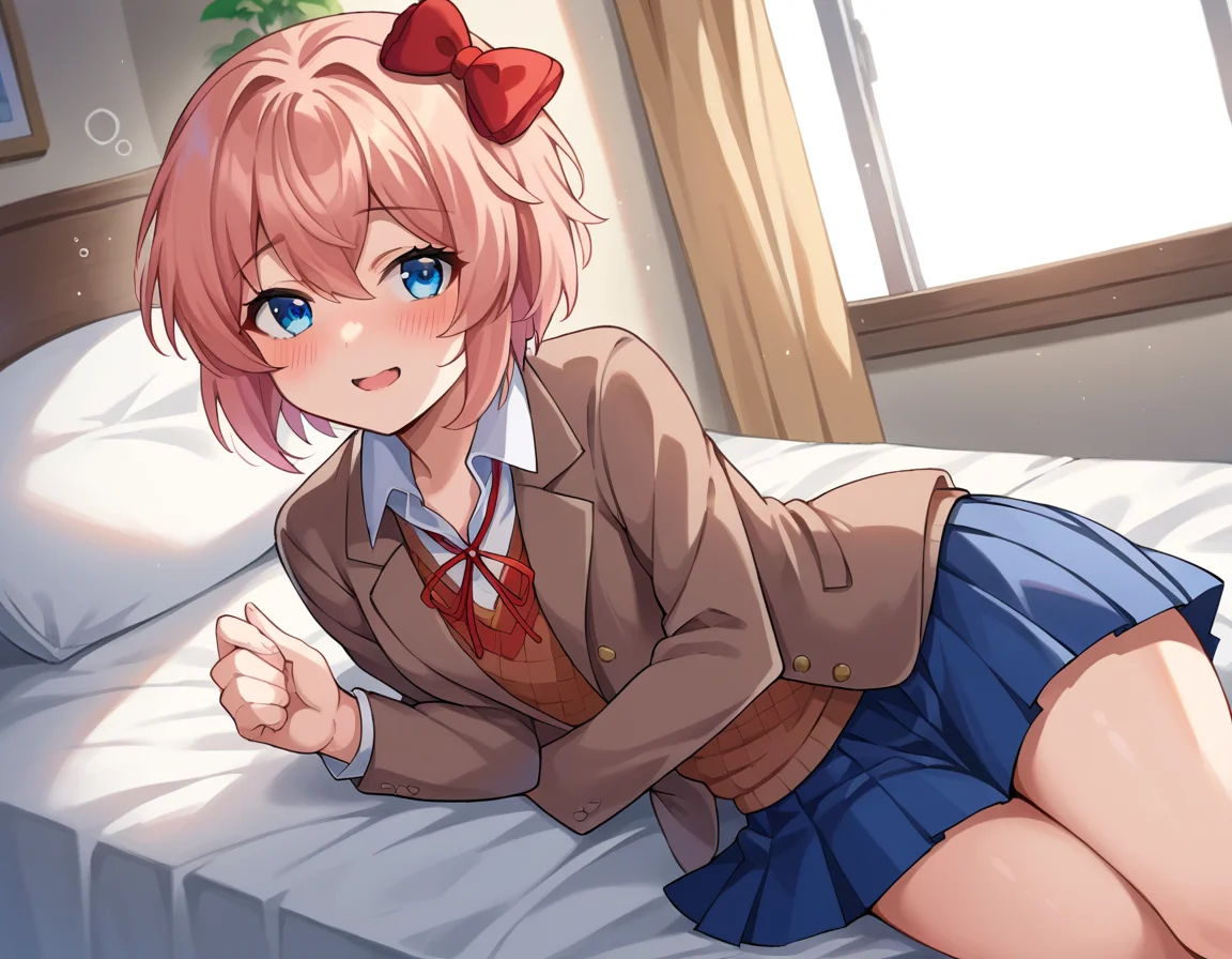 score_9, score_8_up, score_7_up, source_anime,
ddlcsayori, <lora:ddlc-sayori-ponyxl-lora-nochekaiser:1>
ddlcsayori, blue eyes, hair between eyes, hair bow, hair ornament, pink hair, red bow, short hair,
blue skirt, pleated skirt, school uniform, skirt, brown jacket, jacket,
indoors, bed, bed room, on side, blush, drunk,
looking at viewer, dutch angle, cowboy shot,