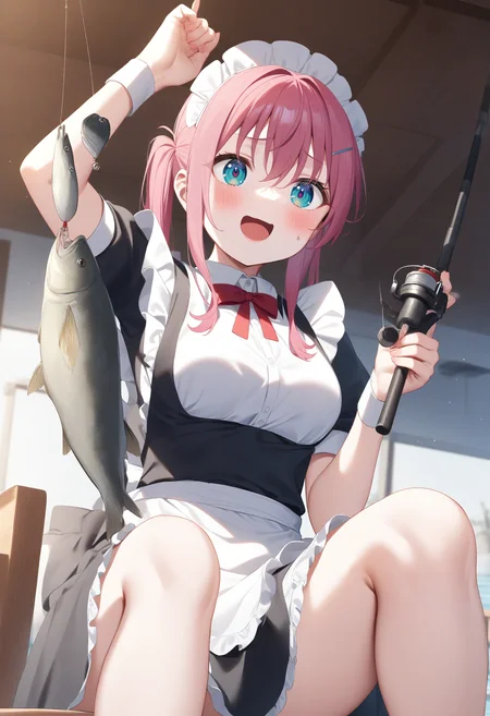 1girl,sincos, ningen mame, toosaka asagi,solo,medium breasts,20yo,maid,maid headdress,
fishing, fishing rod, fish, boat, holding fishing rod, holding fish, ocean, day, arm up, water drop, fishing line, <lora:fishing_XL_v1:0.8>
ceiling, feet out of frame, looking away, pink hair, green eyes,sad smile, open mouth, multi-tied hair,,
best quality, very aesthetic, absurdres