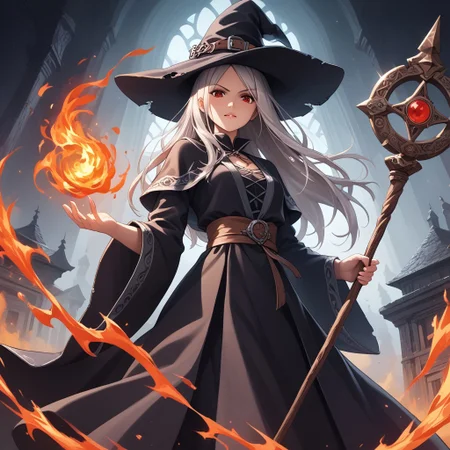 long hair,red eyes,silver hair,
witch,sorceress robe,witch hat,nontraditional
torn robe
disdain,looking at viewer
holding staff
Attacking with fire magic
low-angle view
score_9, score_8_up, score_7_up,  masterpiece,  best quality, source_anime, source_hentai, uncensored,detailed background,