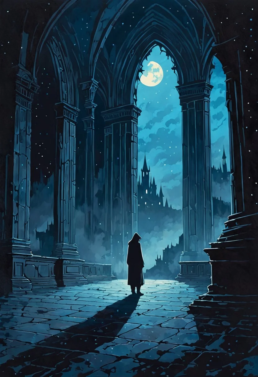 abstract dark fantasy illustration of a gigantic window emitting a soft blue light, open window, opulent drapes, the window towers over a hooded character standing in front of it, size difference, huge room with tiles, minimalistic, their long shadows cast dramatically on the floor, the blue light from the window creates a diffused glow with scattered light particles floating in the air, mysterious and eerie atmosphere, the scene is enveloped in dark tones contrasting with the ethereal blue light creating a haunting and surreal composition, detailed, shaded, contemplative atmosphere, somber mood, old castle background, night sky with big moon, fog, stars, galaxies, oil painting, romantic impressionism, dream scenery art, oil matte painting, detailed, shaded, contemplative atmosphere, somber mood, book cover illustration style, incredible full pastel colors, glitter, vignette, retro, sharp focus, wide angle lens, scenic, oil painting cromulent, OverallDetailXL