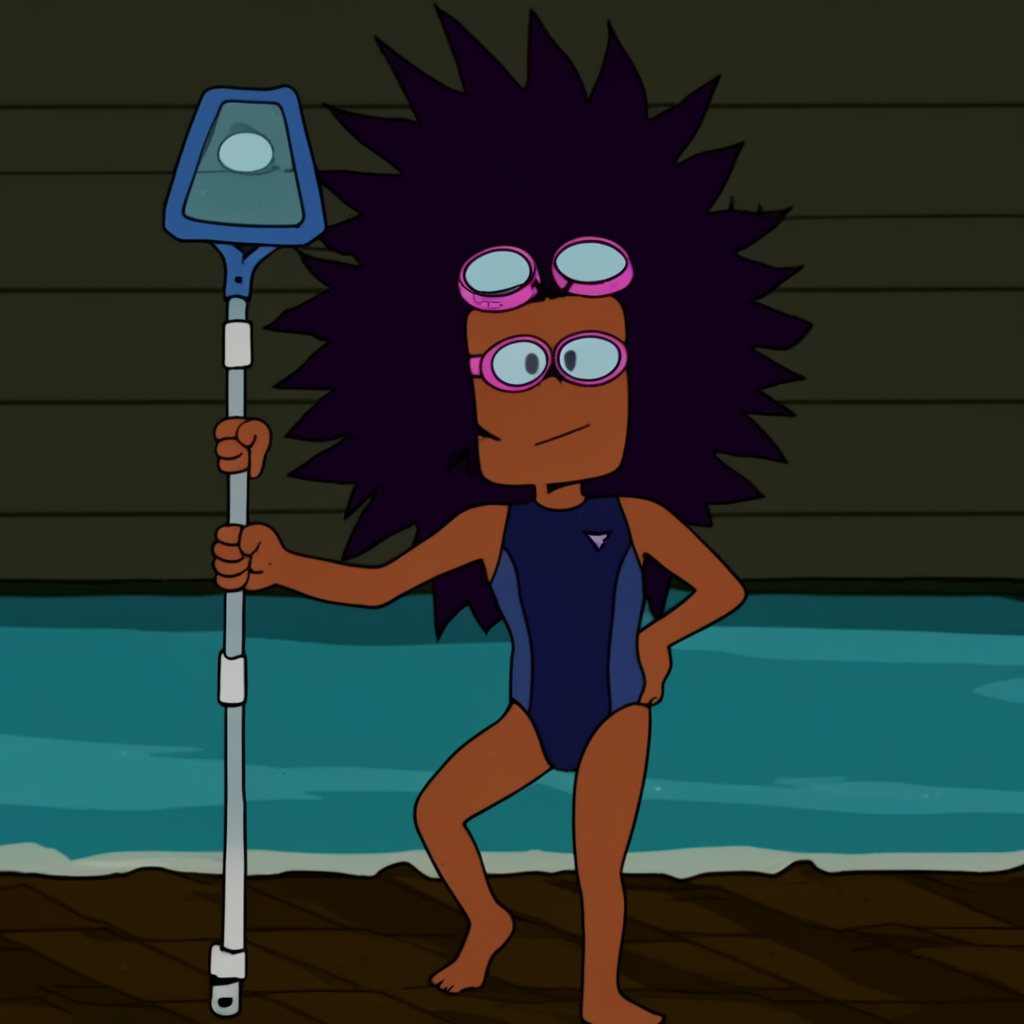 blue competition swimsuit, swim goggles, spiked hair, brown skin,