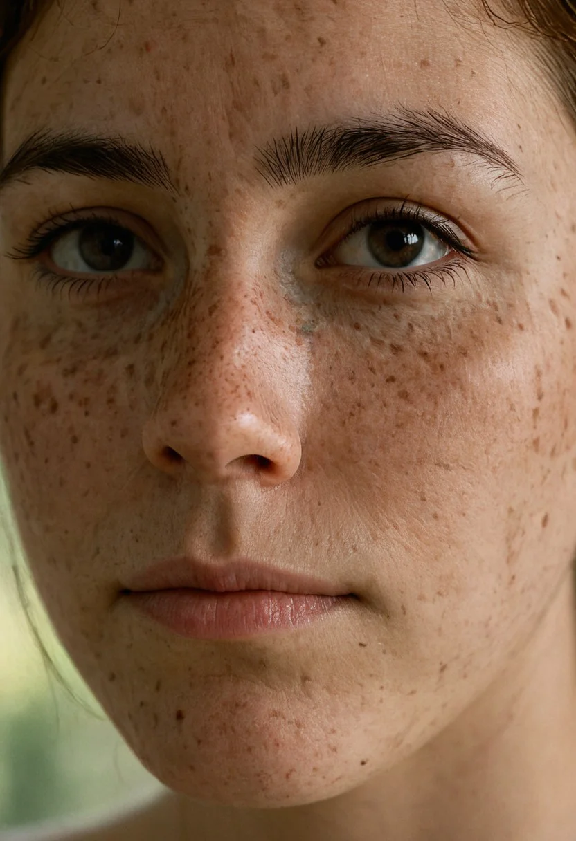 a close-up portrait of a young woman with realistic skin texture, visible pores, natural imperfections, subtle freckles, ambient daylight, minimal makeup, shallow depth of field, high-resolution photo, soft lighting, 50mm lens look, (PhotorealTouch_v1:0.8)