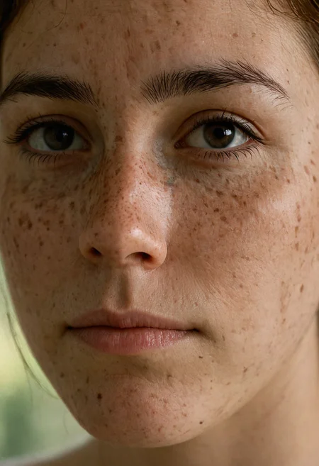 a close-up portrait of a young woman with realistic skin texture, visible pores, natural imperfections, subtle freckles, ambient daylight, minimal makeup, shallow depth of field, high-resolution photo, soft lighting, 50mm lens look, (PhotorealTouch_v1:0.8)