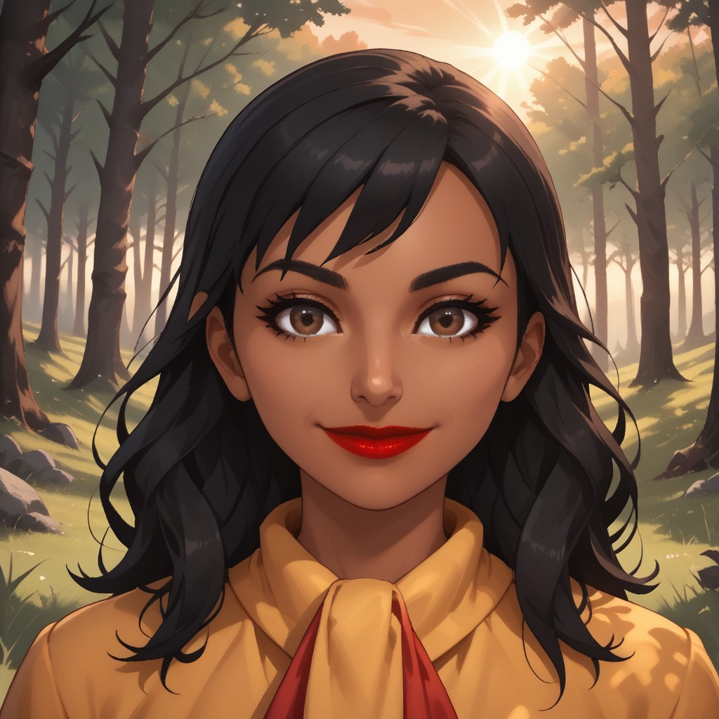 score_9, score_8, BREAK, solo, Cristina_WSC, black hair, brown eyes, dark skin, red lips, dark skin female, sexy pose, self portrait, smile, outdoors, sunlight, shadows, evening lighting, natural lighting, forest, trees, grass, orange sky, sunset