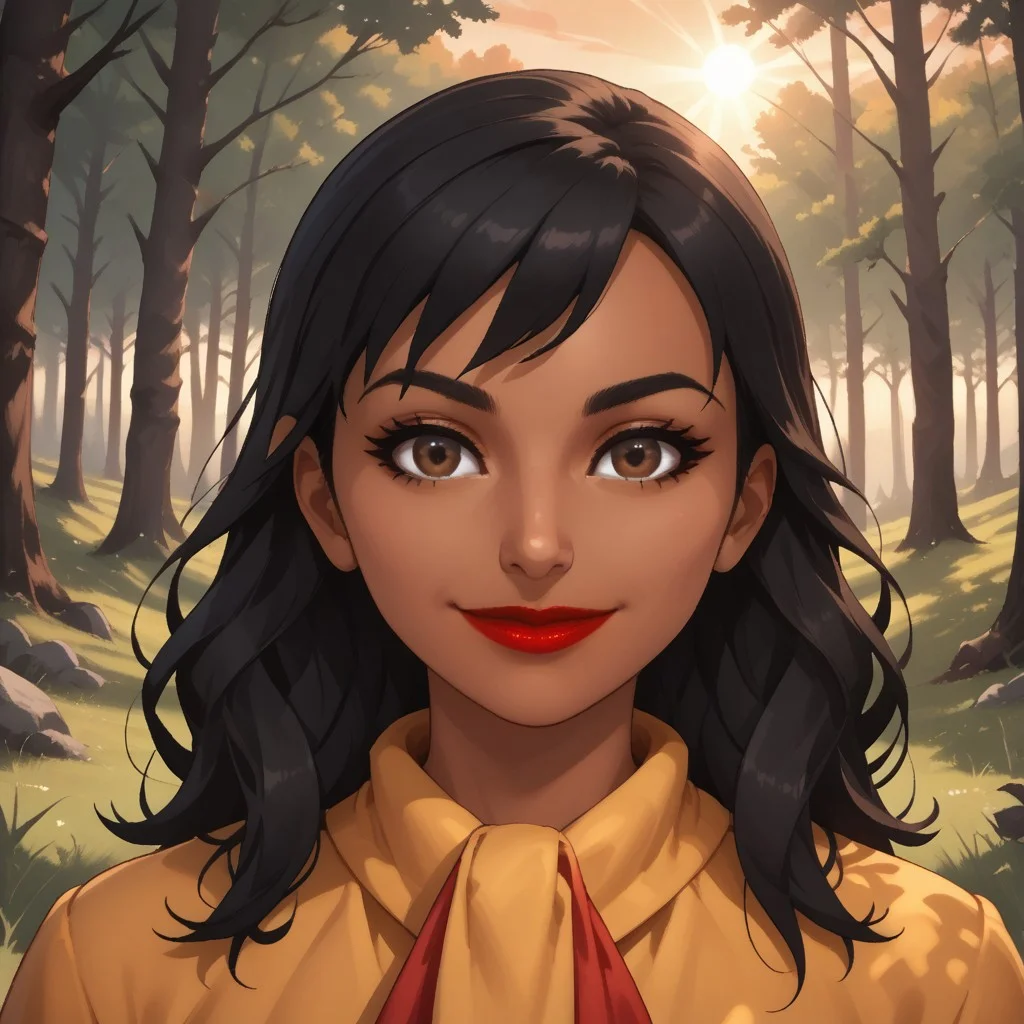 score_9, score_8, BREAK, solo, Cristina_WSC, black hair, brown eyes, dark skin, red lips, dark skin female, sexy pose, self portrait, smile, outdoors, sunlight, shadows, evening lighting, natural lighting, forest, trees, grass, orange sky, sunset