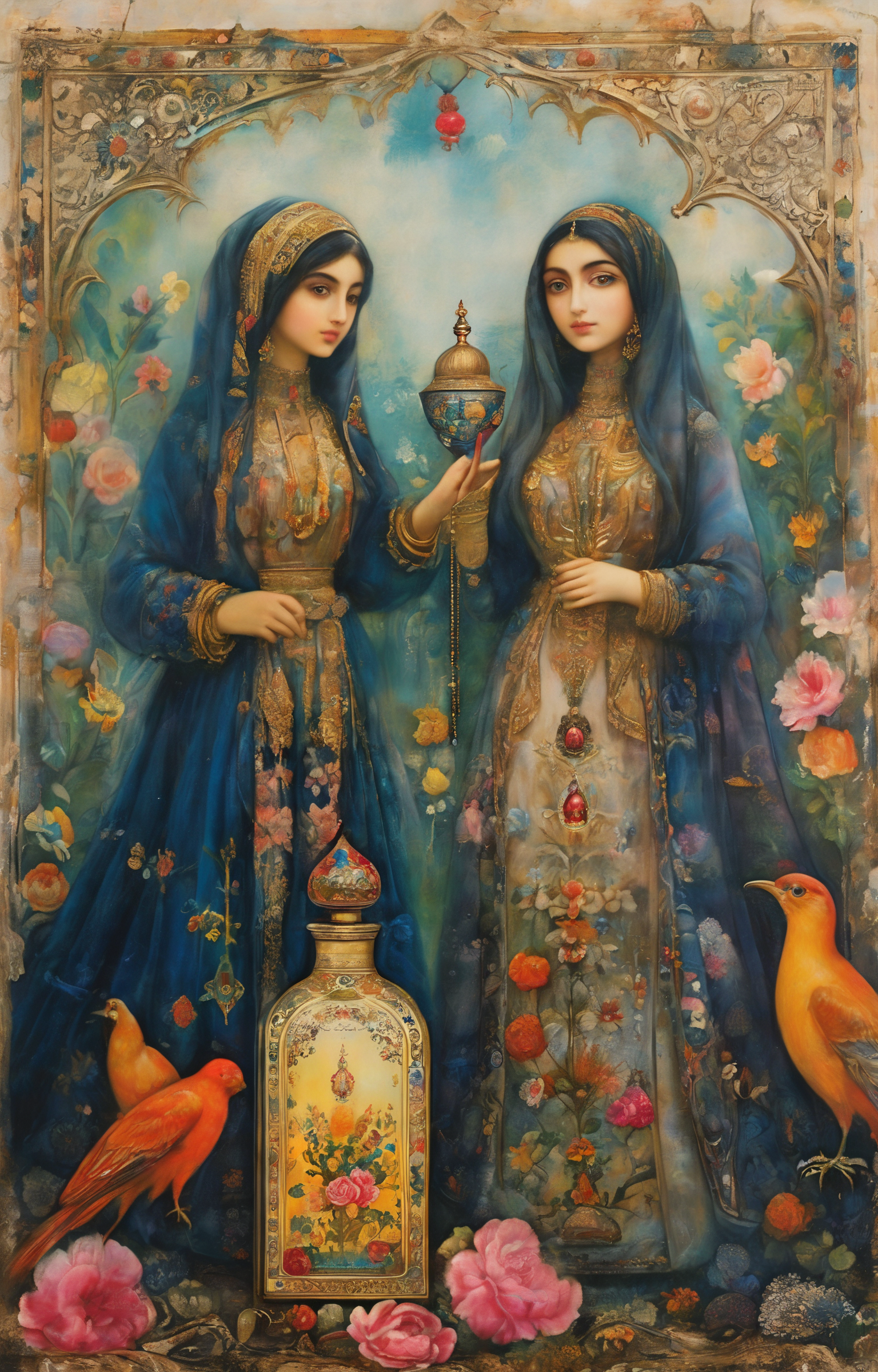masterpiece,best quality,<lora:tbh292-sdxl:0.9>,illustration,style of Qajar art A bottle of perfume in garden