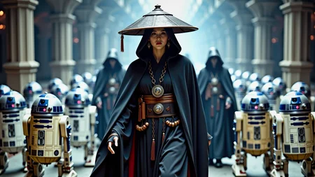 A techno-mage, wearing black robes and a Korean shaman's hat, leading a group of R2D2 robots.  This is a full frame body shot, providing a environmental wide angle view of the entire body.  Intricate details, masterpiece, best quality.  Dramatic and dynamic high contrast lighting, dim dark atmosphere, dark blue shadows, especially on the Siren's skin, spacious, three dimensional.  <flux_realism_lora:0.42> <FluxDFaeTasticDetails:0.36> <BaroqueColorful:0.48>