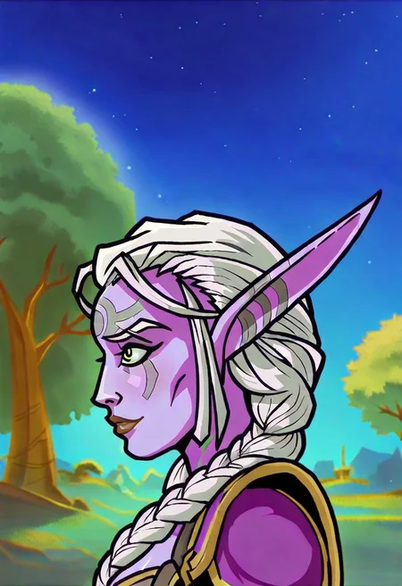 Akaburstyle,
1girl, solo, portrait, profile, braid, nose, brown lips, colored skin, elf, from side, hair over shoulder, long eyebrows, long hair, night, night elf \(warcraft\), night sky, outdoors, pointy ears, purple skin, single braid, sky, tree, white hair