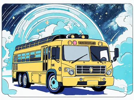 (8k, best quality, masterpiece:1.2),(best quality:1.0),ultra highres:1.0, magic schoolbus, smooth lines, luminous bright design, pastel colors, ink, extremely detailed, 4k, beautiful