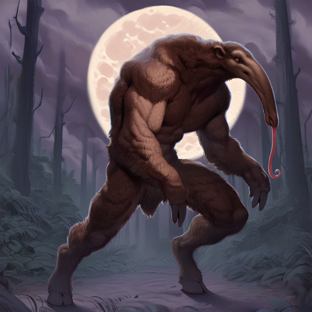 Score_7_up, score_8_up, full body, long tongue, grey fur, 2d, source_cartoon, capelobo, monster, anteater, long snout, brown fur, hooves, outdoors, nighttime, full moon, cloudy, dark forest,