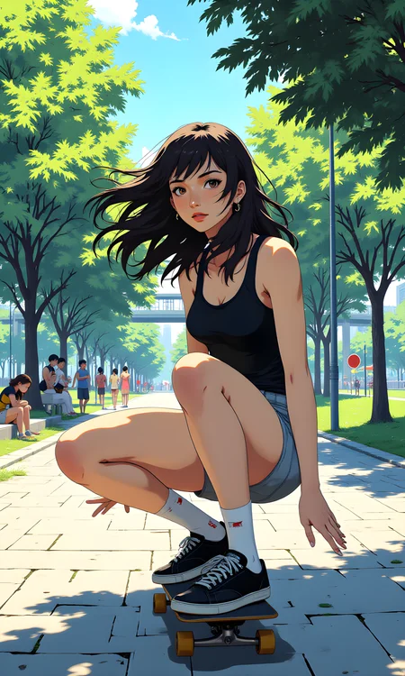 A young woman skateboarding on a paved path. She has long, dark hair that flows behind her as she moves. Her expression is one of focus and determination, with a slight smile on her face. She is wearing a black tank top, short shorts, white socks with red accents, and black sneakers.
Her facial expression is intense and focused. She appears to be concentrating on her balance and the movement of the skateboard. Her eyes are fixed forward, indicating her engagement in the activity. The slight smile suggests she is enjoying the moment and feeling confident.
She is in a crouched position on the skateboard, with her knees bent and her body low to the ground. This stance provides stability and control as she skates. Her arms are positioned close to her body, helping to maintain balance. One foot is placed firmly on the skateboard, while the other is slightly raised, ready to push off or adjust her position.
The woman is dressed casually in a havaian tank top that allows for ease of movement. Her shorts are short and comfortable, suitable for an active day outdoors. The white socks with red accents add a pop of color to her outfit, and the black sneakers provide grip and support for skateboarding. The overall outfit is practical and stylish, fitting for an active and adventurous activity.
The camera is positioned at a low angle, capturing the woman from the side as she skates. This perspective emphasizes her movement and the dynamic nature of the scene. The framing is tight, focusing primarily on her and the immediate surroundings.
The lighting in the image is natural, likely from sunlight, given the clear sky and the shadows cast by the trees. The light is bright and even, highlighting the details of her clothing and hair. The shadows add depth and dimension to the image, enhancing the overall visual impact.
The background features a tree-lined path with people walking and sitting along the sides. The trees create a canopy overhead, providing shade and adding to the serene atmosphere. In the distance, there is a bridge and some buildings, suggesting an urban park setting. The overall environment is bright and sunny, indicating a pleasant day outdoors.
The composition is dynamic and engaging, with the woman centered in the frame. The lines of the path and the direction of her movement guide the viewer's eye through the image, creating a sense of action and energy. The contrast between her dark clothing and the lighter background adds visual interest and draws attention to her. The overall effect is one of freedom and enjoyment, capturing a moment of fun and activity in a beautiful outdoor setting.
BREAK j_art, anime art, <lora:FLUX\RetroAnimeS1.1:0.1>, <lora:FLUX\GLSHS:0.1>, <lora:FLUX\Dieselpunk Delight - s0_9 g4:0.1>, <lora:FLUX\Anime Art V3:0.1>, <lora:FLUX\jul\J_Anime:1.0>