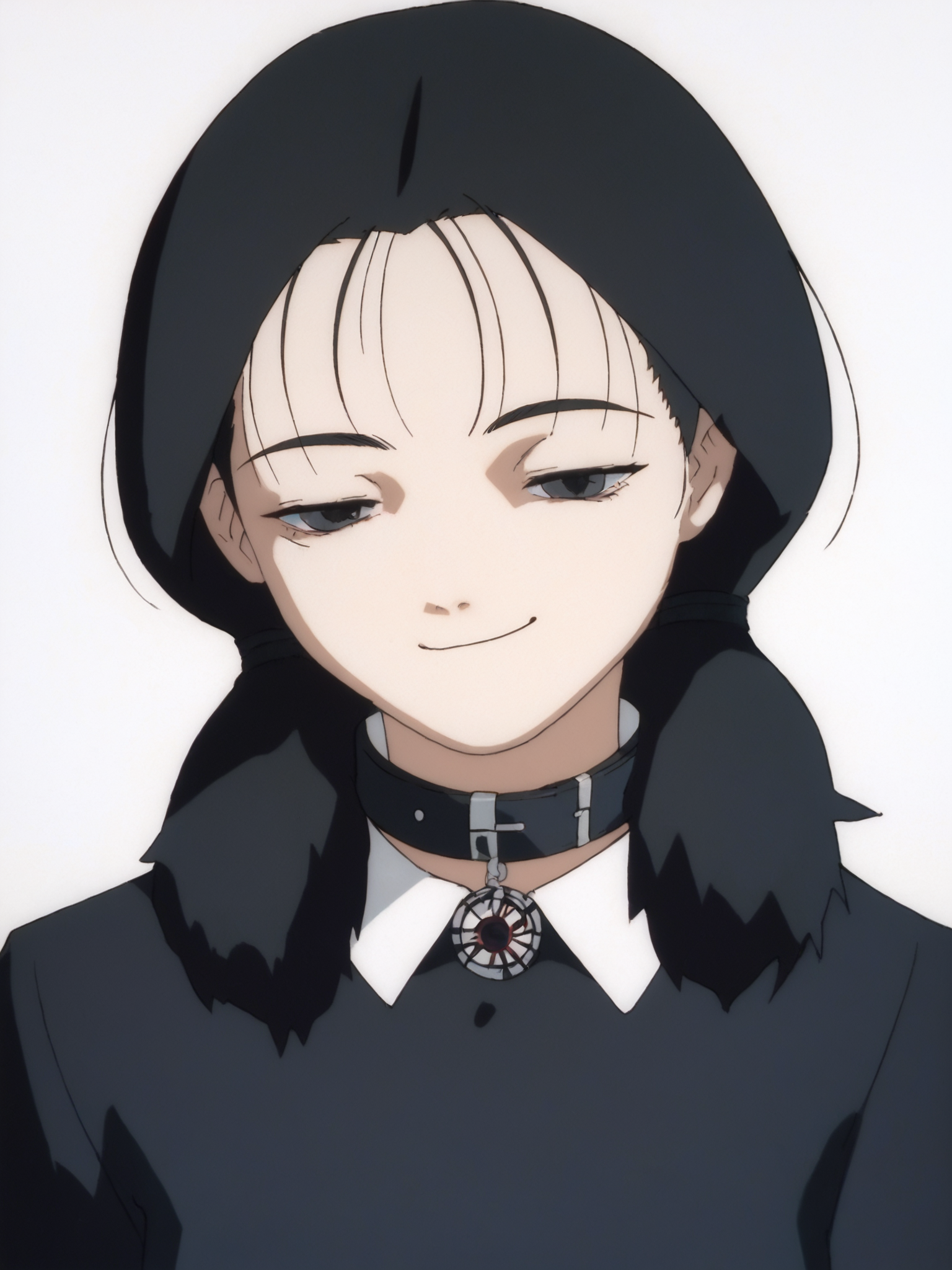woman, 20 y/o, 20 year old, 20 year old woman, adult, score_9, score_8_up, score_7_up, score_6_up, score_5_up, BREAK masterpiece, high quality, white background, solo, <lora:Yomoda_Chisa_PDXLv0-e55:0.8> yomoda chisa, gothic, small breasts, black dress, black collar, death girl, upper body, smug, happy, half-closed eyes,