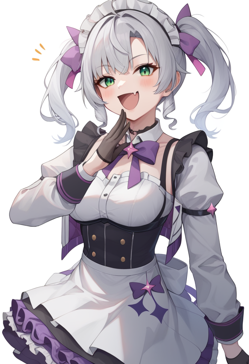 score_9,score_8_up,score_7_up,<lora:ojou-sama_pose _pony:1>,1girl, solo, green eyes, gloves, twintails, black gloves, white background, looking at viewer, skirt, smile, simple background, long sleeves, jacket, frills, pantyhose, grey hair, open mouth, breasts, bow, maid headdress, shirt, white jacket, virtual youtuber, white skirt, blush, white shirt, frilled skirt, white pantyhose, fang, purple bow, bowtie, hand up, standing