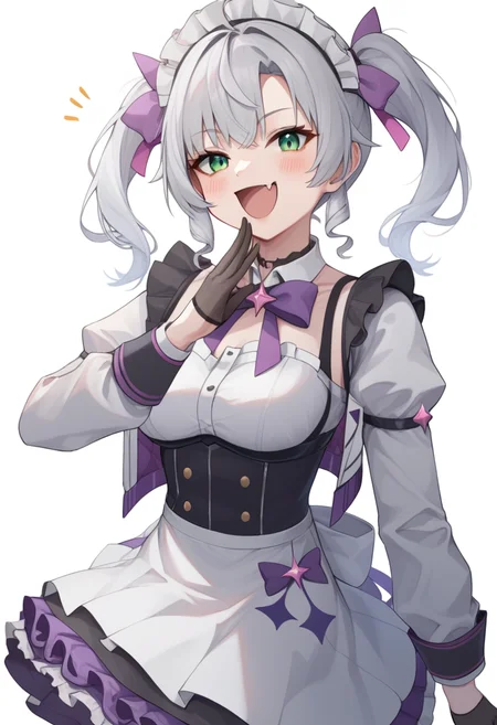 score_9,score_8_up,score_7_up,<lora:ojou-sama_pose _pony:1>,1girl, solo, green eyes, gloves, twintails, black gloves, white background, looking at viewer, skirt, smile, simple background, long sleeves, jacket, frills, pantyhose, grey hair, open mouth, breasts, bow, maid headdress, shirt, white jacket, virtual youtuber, white skirt, blush, white shirt, frilled skirt, white pantyhose, fang, purple bow, bowtie, hand up, standing