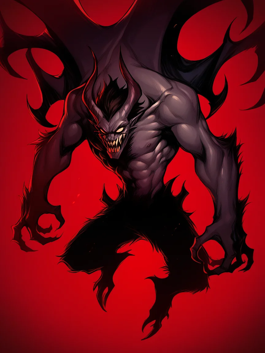 score_9, score_8_up, score_7_up, score_6_up, score_5_up, <lora:d3v1lm4nXLP:1> d3v1lm4n, demon, monster, red background