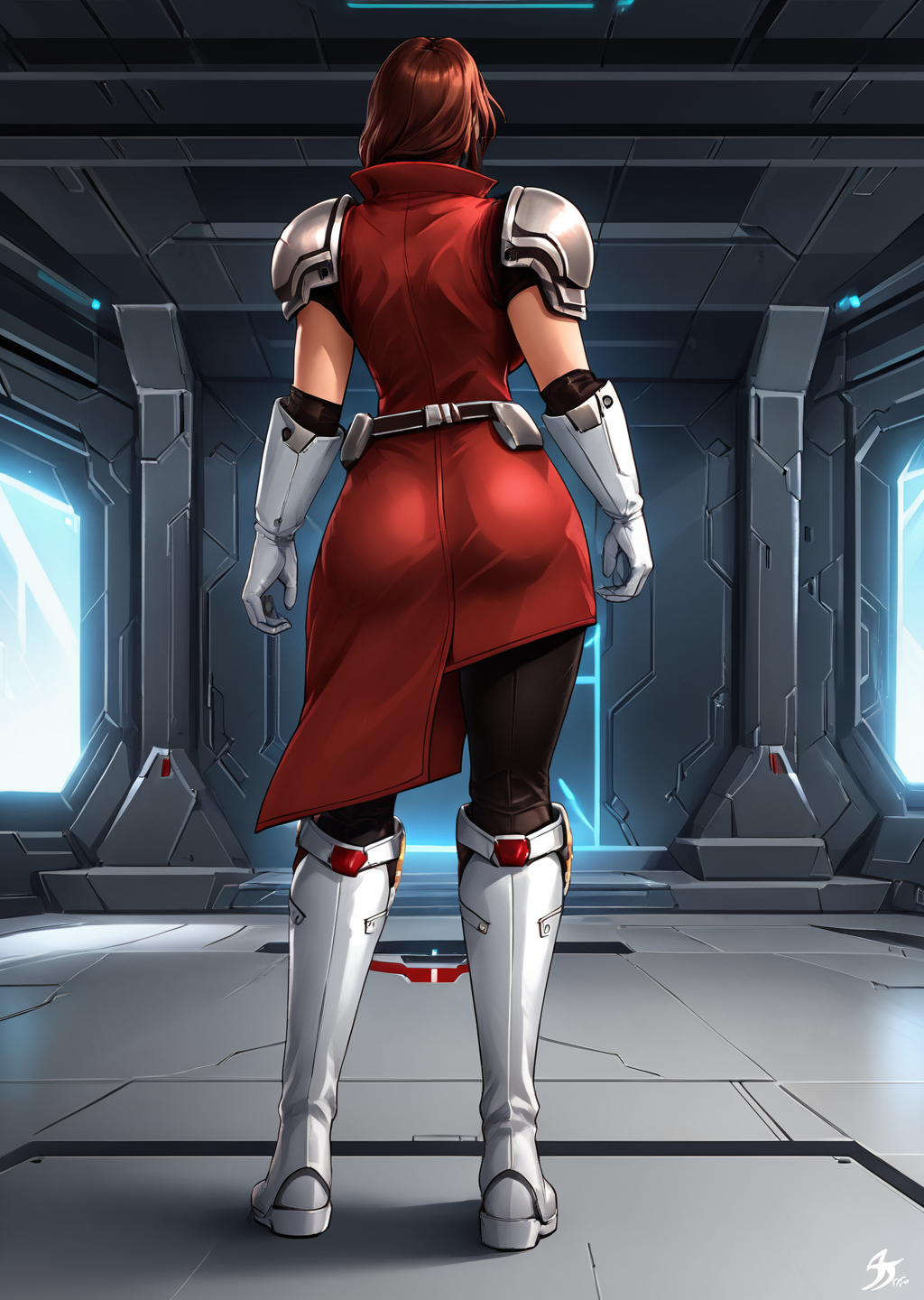 woman standing, Alys Brangwin, armor, dynamic shot, curvy, indoors, rear view, white boots, red sleeveless coat, white gloves, sci-fi, sci-fi background, solo, 1girl, <lora:Alys_Brangwin-000007:1>