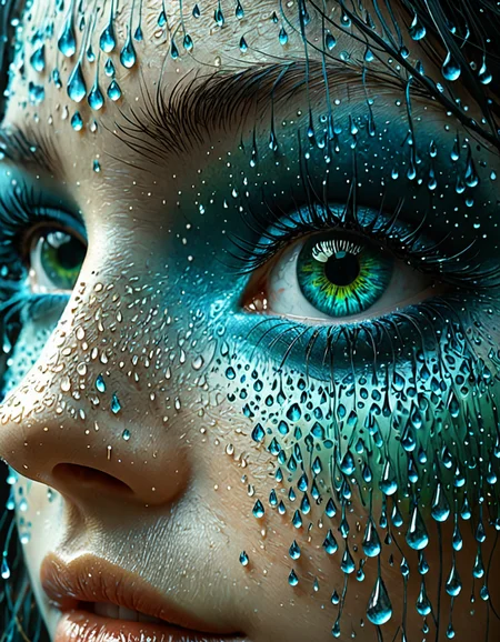 professional 3d model A close-up of a woman's eyes, with water droplets forming on the surface. The eyes are surrounded by a concrete art-inspired frame, with bold, geometric shapes in shades of blue, green, and gray. The design is reminiscent of Studio Ghibli's style, with a touch of zdzislaw beksinski's surrealism. . octane render, highly detailed, volumetric, dramatic lighting