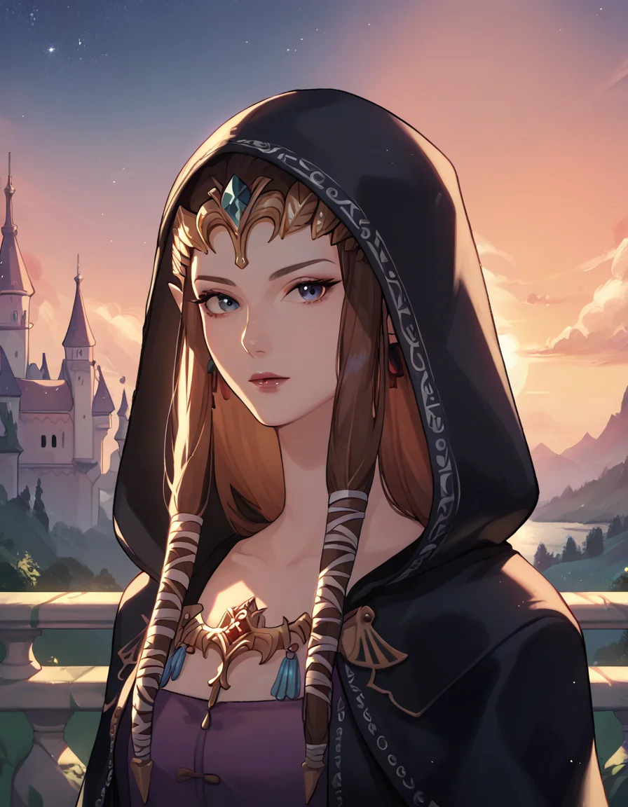 score_9, score_8_up, score_7_up, score_8, score_7, 1girl, tpzlda, hooded cloak, black cloak, hood, hood up,
castle, upper body, scenery, sunset, dusk, mature female, makeup, looking at viewer, night,
<lora:tp_zelda_tpzlda_ponyxl_v1:0.9>