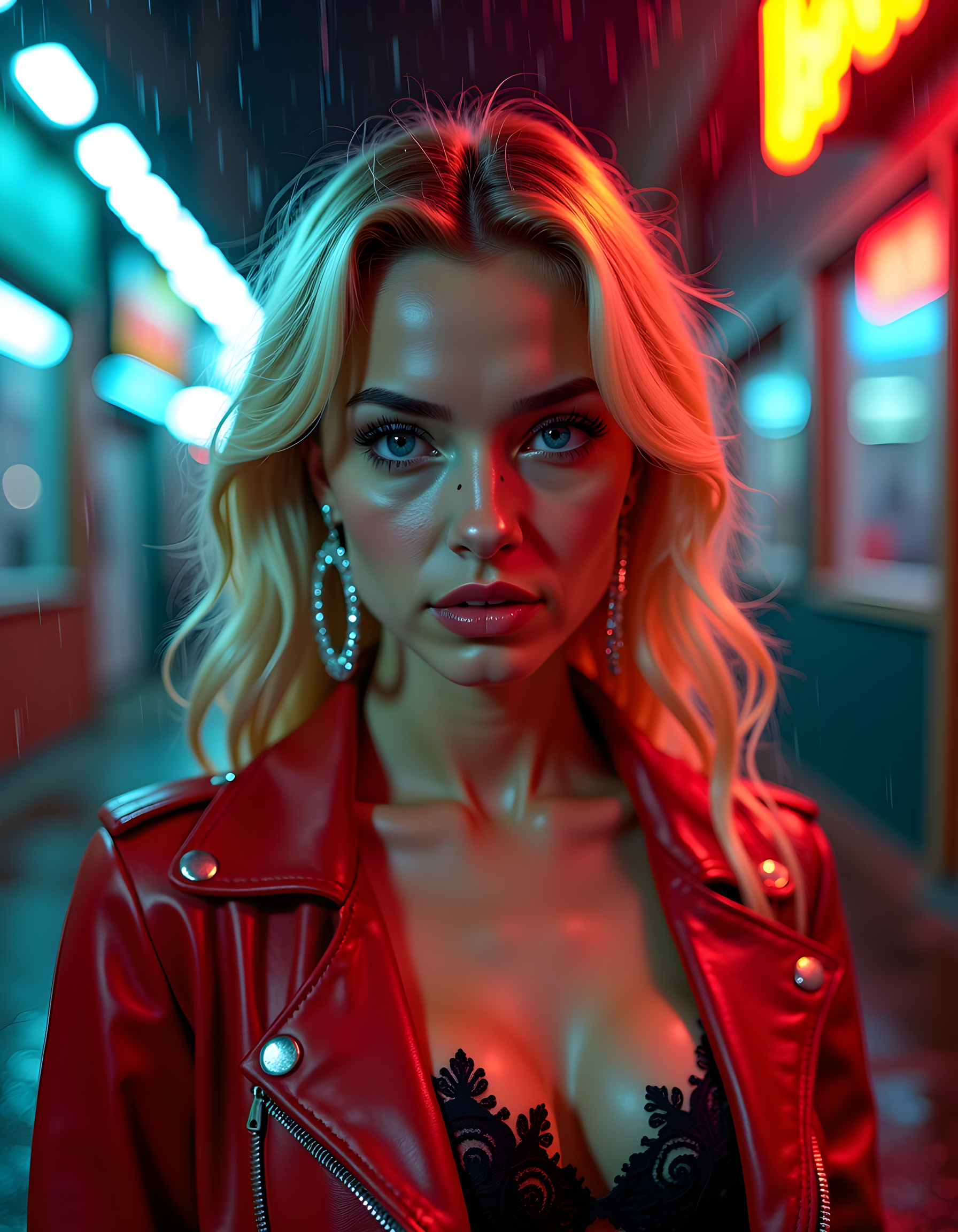 In a gritty, noir-inspired setting of rain-slicked streets under dim, neon lights, the close-up image captures C1ND1E, a striking blonde woman with freckles and piercing blue eyes, her lips slightly parted in a sultry expression. She wears a unique outfit: a vintage red leather jacket draped over a black lace dress, accessorized with oversized silver earrings that catch the light. Her hair cascades down her back in loose waves, contrasting the sharp angles of her chiseled features. The camera is positioned at a low angle, looking up at her from below, creating an air of power and allure. The background reveals a blurred alleyway, with raindrops splashing on the pavement, adding to the moody, atmospheric atmosphere. The overall tone of the photograph is both captivating and mysterious, leaving the viewer intrigued by the enigmatic woman's story.