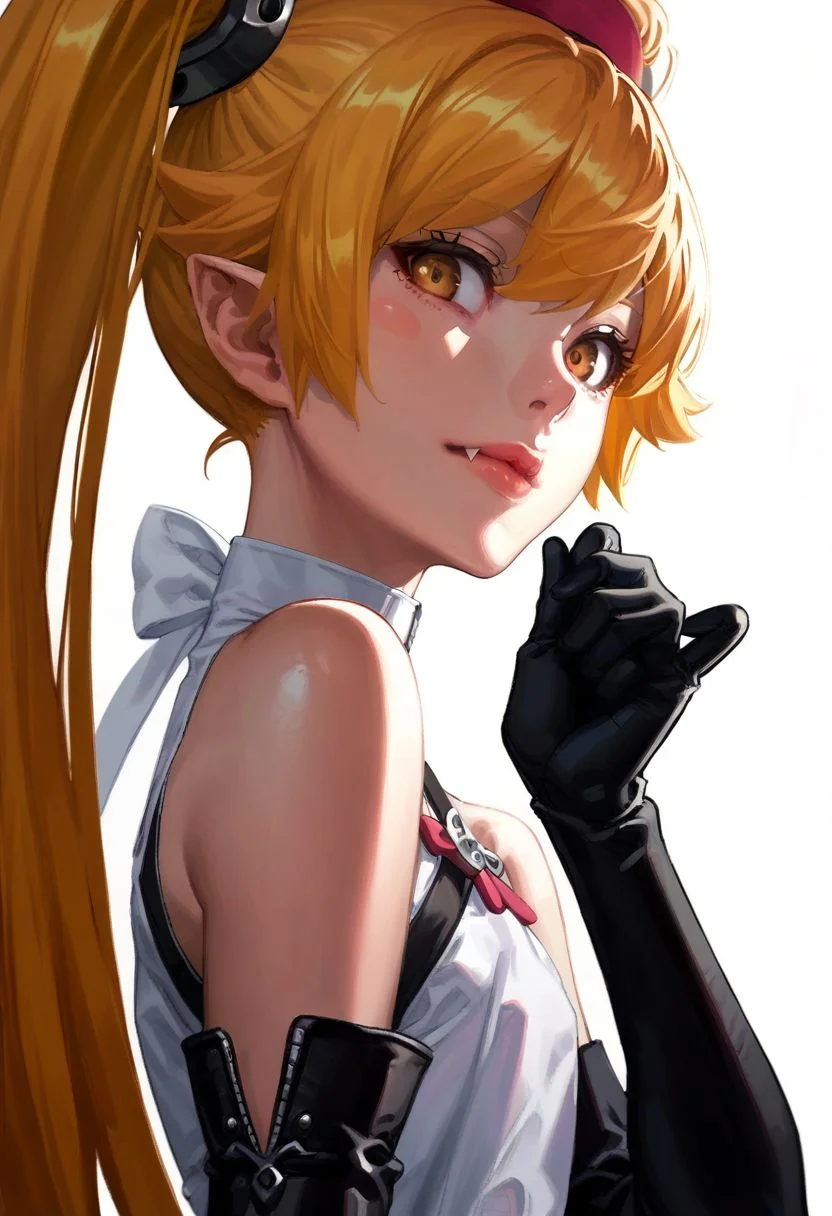 score_9,score_8_up,score_7_up,score_6_up, easynegative, SJ_Style, 1girl, oshino shinobu,long hair,solo,blonde hair,yellow eyes,pointy ears,dress,white dress,blush stickers,bare shoulders,fang, bare shoulders, red eyes, looking at viewer, black gloves, choker, hair ornament, lips, simple background, upper body, elbow gloves, twintails, ponytail, bangs, closed mouth, epiCPhoto