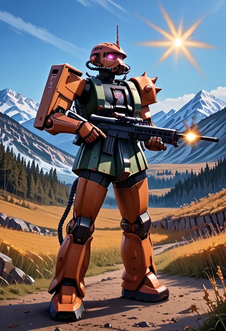 score_9, score_8_up, score_7_up, source_anime, cowboy shot, side view, BREAK, ( garma_zaku, pink monoeye, one eye, looking to the side, holding rifle in both hands, aiming to the side, firing rifle, muzzle flare, ) 1mech, mech focus, solo, BREAK, snow, ice, ice mountains, blue violet sky, Simon Stålenhag style, Realistic, Relaxed, Moonlit, Light sparkles, Pixabay, beautiful detailed supreme quality color intricate, dynamic dramatic beautiful full taking, contemporary fine detail, highly detail, dynamic background, positive emotional,