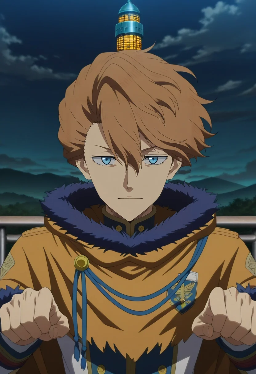masterpiece, best quality, , anime screencap, anime coloring, , looking at viewer, 1boy, solo, male focus, <lora:langris_vaude_ilxl:0.94>, langris_vaude, brown hair, blue eyes, short hair, hair between eyes, fur trim, sky fortress, cloud walls, wind towers, lookout posts, guard pose, vigilant expression, night, scarecrow costume