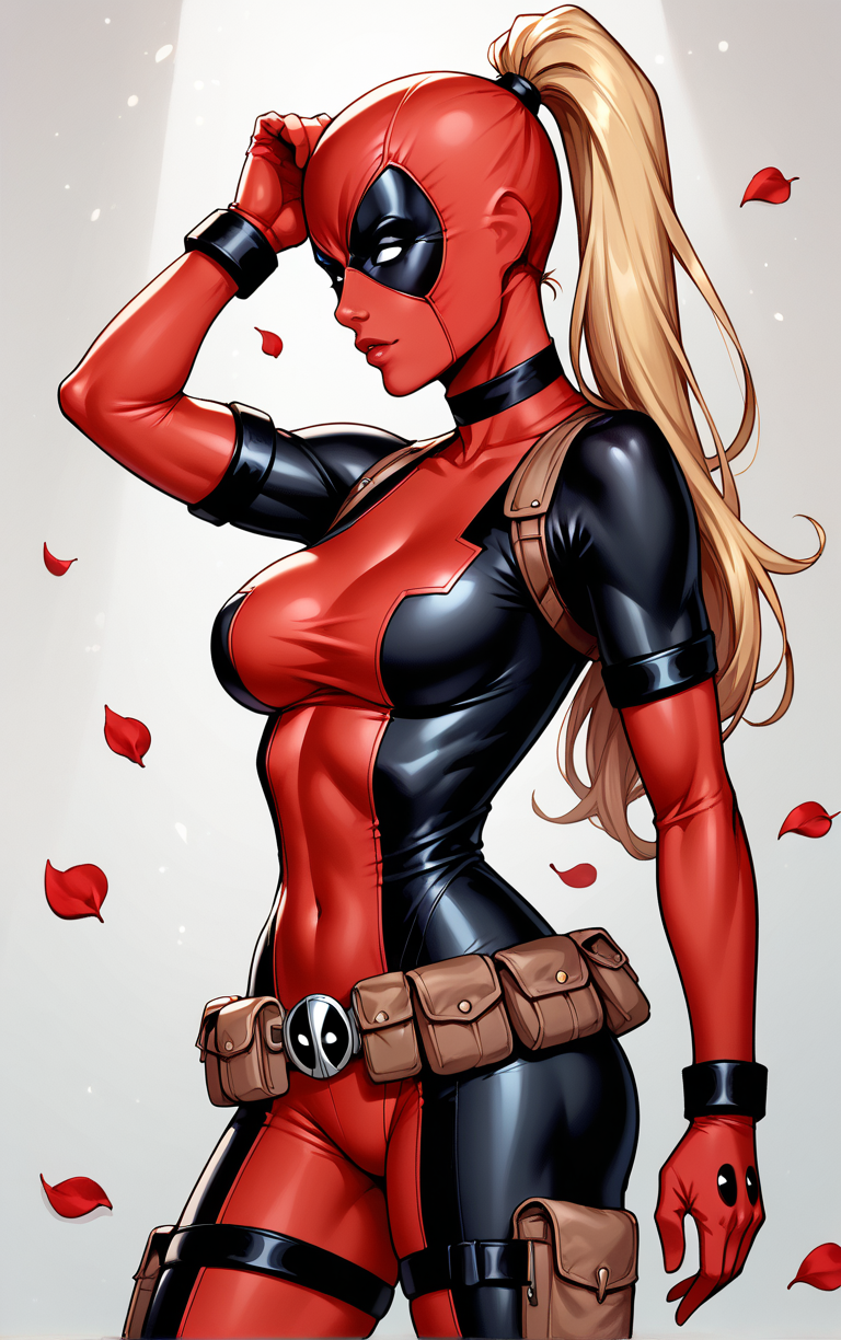 score_9, score_8_up, score_7_up, BREAK 
COMICS_LadyDeadpool_ownwaifu, 
1girl, blonde hair, empty eyes, high ponytail, large breasts, masked,  superhero, toned, very long hair, white eyes, mask, long hair, no pupils, narrow waist, 
bodysuit,  red bodysuit, black bodysuit, brown belt, multicolored bodysuit, belt pouch, utility belt, skin tight, belt, holster, gloves, pouch, covered navel, armor, choker, thigh strap, thigh holster, thigh pouch, ninja,
(profile, portrait, round image), falling petals, red petals, wall,  <lora:PONYXL_COMICS_LadyDeadpool_ownwaifu:0.85>, solo,
