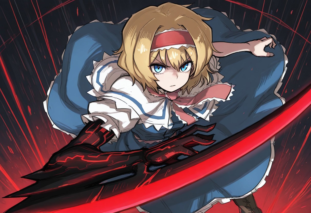 best quality, high quality, hires, 
1girl, solo, alice margatroid,
bois de justice, weapon, arm blade,
looking at viewer, dynamic pose,