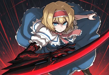 best quality, high quality, hires, 
1girl, solo, alice margatroid,
bois de justice, weapon, arm blade,
looking at viewer, dynamic pose,
