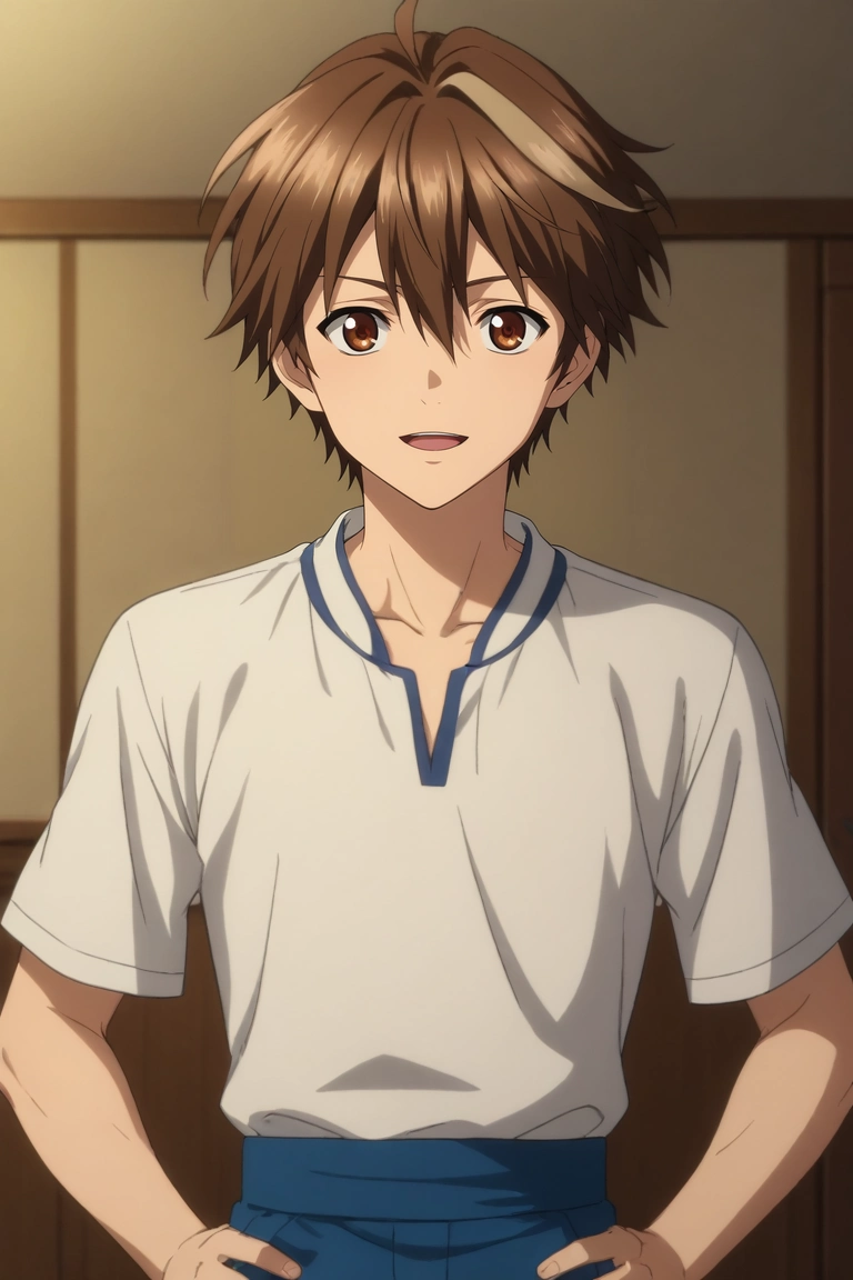 score_9, score_8_up, score_7_up, source_anime, rating_safe, intricate details, anime screencap, anime coloring, official style, looking at viewer, depth of field, 1boy, solo, male focus, <lora:shuu_ouma_pony:0.84>, shuu_ouma, brown hair, brown eyes, short hair, ahoge, hair between eyes, cowboy shot, bedroom, indoors, light, hands on hips, laughing, easter costume, <lora:sdxl_lightning_8step_lora:1>