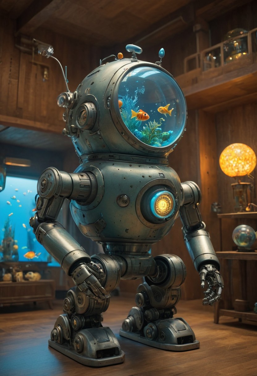 Image features a detailed, stylized robot with an old, shiny silver metallic finish. The robot has a cylindrical head and a unique, rounded body resembling an fish-tank. Inside the body, colorful fish swim among some algae, creating a vibrant underwater scene. The robot has a large, multi-barreled gun attached to it with intricate mechanical design. The robot stands in the Corner of a cozy 60s atom-age inspired living room, casting a warm glow over the scene. The overall design is industrial and futuristic, with a focus on functionality and defense, enhanced by the dynamic and lively aquarium body.