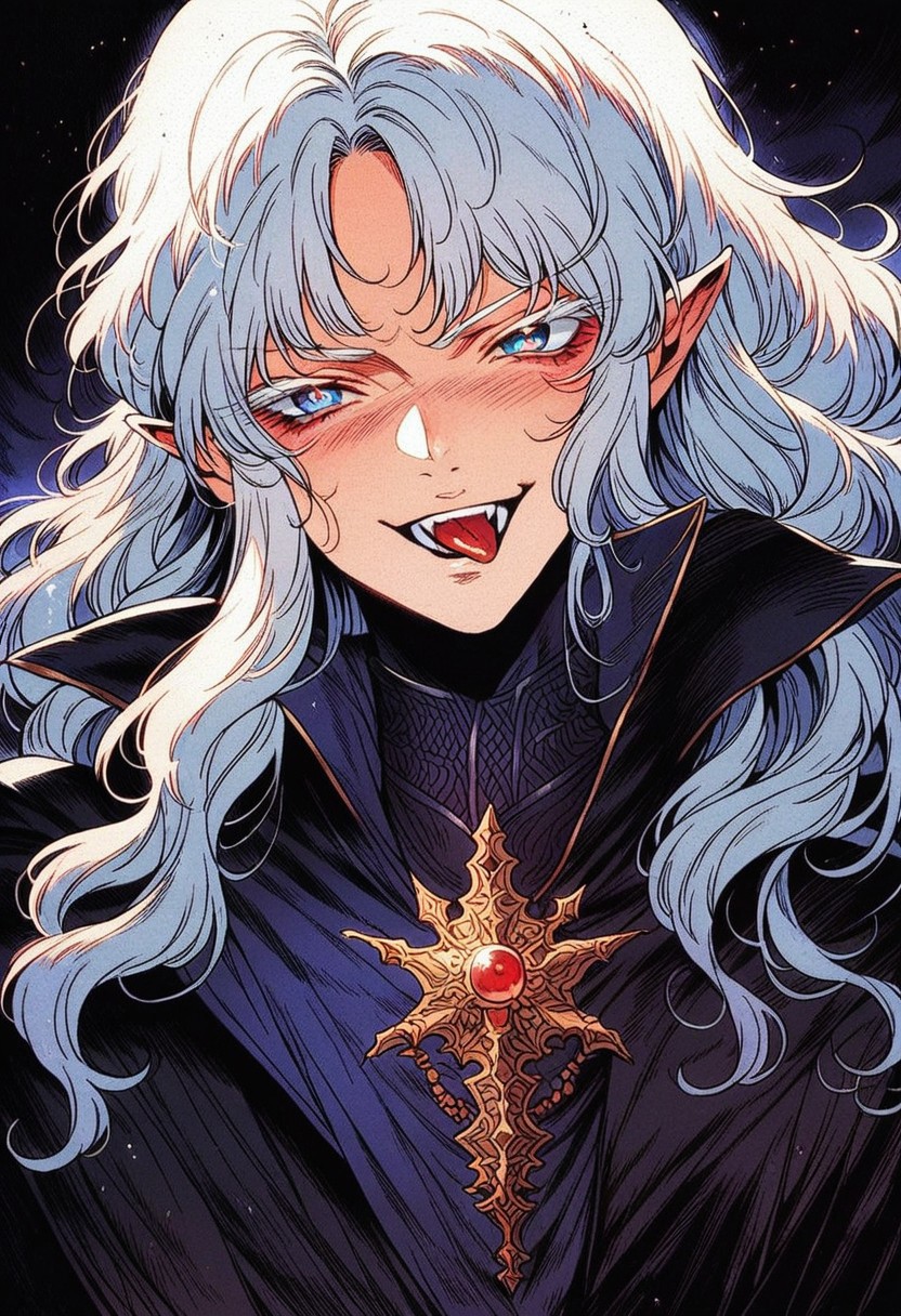 score_9, score_8_up, score_7_up, (androgynous), (ethereal beauty), (source_anime, anime, (dark background), shows his tongue, horny face, excited face, masterpiece, best quality, vampire hunter d, white hair, male, indigo eyes, (painterly anime artwork), (dark forest in the background, dark Nordic outfit, long hair, (adult:1.4), 1man, male, elf, long hair, white hair, wavy hair, seductive, puppy eyes, wide chin, sexy, very beautiful, handsome, (ethereal beauty), bangs, bangs covering forehead, blue eyes, white eyelashes, red pupils, dark blue long cloak, dark blue layered clothing, northern clothes, vampire hunter, bloodborne, solo, cowboy shot, upper body, professional photograph, award winning photography, (ultra-detailed body), (Sharp focus), (dynamic angle), seductive, innocent, elegant, Alucard