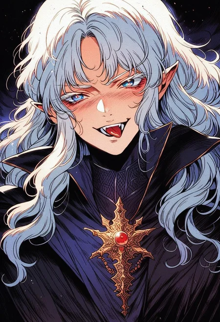 score_9, score_8_up, score_7_up, (androgynous), (ethereal beauty), (source_anime, anime, (dark background), shows his tongue, horny face, excited face, masterpiece, best quality, vampire hunter d, white hair, male, indigo eyes, (painterly anime artwork), (dark forest in the background, dark Nordic outfit, long hair, (adult:1.4), 1man, male, elf, long hair, white hair, wavy hair, seductive, puppy eyes, wide chin, sexy, very beautiful, handsome, (ethereal beauty), bangs, bangs covering forehead, blue eyes, white eyelashes, red pupils, dark blue long cloak, dark blue layered clothing, northern clothes, vampire hunter, bloodborne, solo, cowboy shot, upper body, professional photograph, award winning photography, (ultra-detailed body), (Sharp focus), (dynamic angle), seductive, innocent, elegant, Alucard