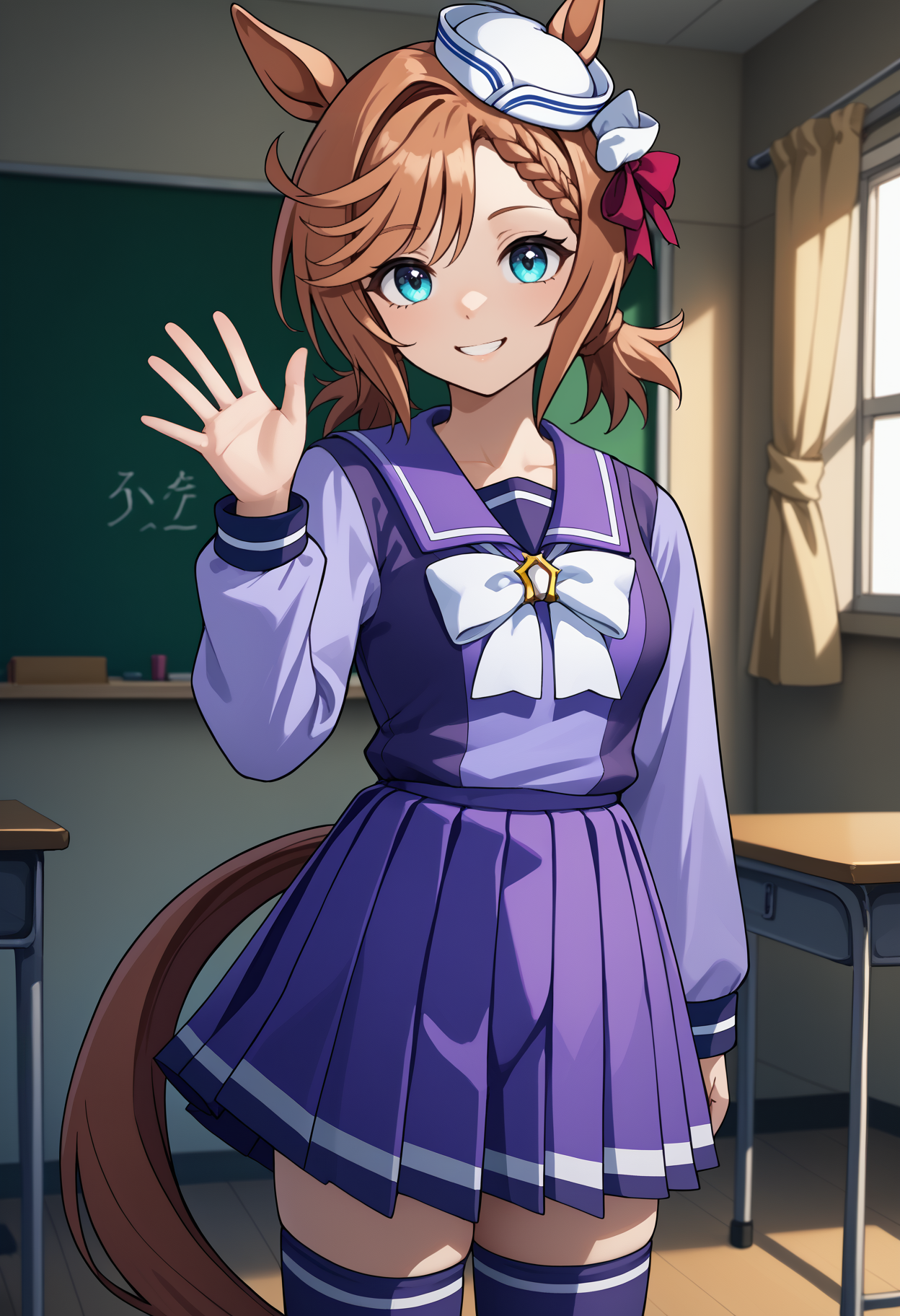 score_9, score_8_up, score_7_up, source_anime, <break> solo, 1girl, v3nus paques, horse tail, smile, looking at you, standing, waving, brown hair, braid, short twintails, animal ears, white headwear, military hat, dixie cup hat, ears through headwear, wintertracen, school uniform, purple serafuku, purple shirt, sailor collar, white bow, long sleeves, purple skirt, pleated skirt, purple thighhighs, indoors, classroom
<segment:yolo-face_yolov8m.pt,0.4,0.5//cid=1>