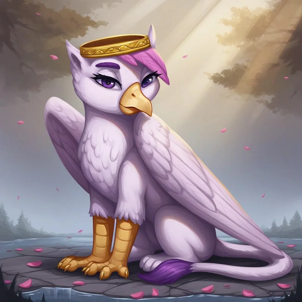masterpiece, score_9_up, score_8_up, score_7_up, score_6_up, surace_furry, (best quality:1.1), ultra-detailed, high resolution, solo, Taillow Sumpfkiel, countess, griffon, avian, feral, female, ((beautiful detailed purple eyes)), long eyelashes, purple eyebrows, yelow beak, wings, tail, white feathers, feathery ears, (pink hair), yellow claws, anatomically correct, crepuscular rays, seductive look, sensual, modest gold crown, full body BREAK forest, nature, day, petals, reflection, sitting, detailed facial features, expressiveh, highly visible, sharp focus, detailed background