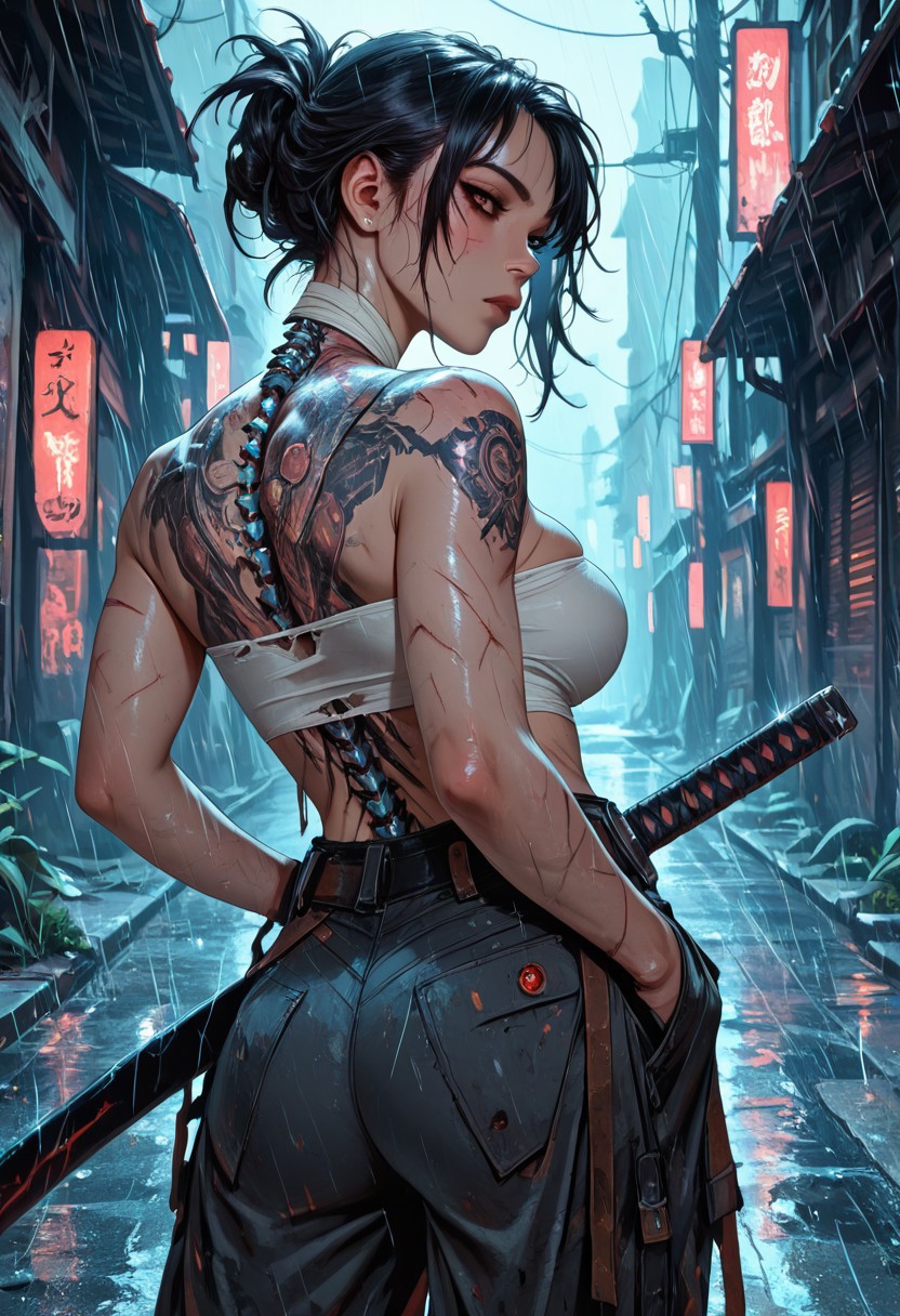 highres, very detailed, amazing quality, masterpiece,
very aesthetic,
particle effect, Cinematic, 
1girl, solo, toned, toned body, scars, slashed clothing, ripped clothing, holes in pants, Black hair, hair up, beautiful, exposed shoulders, exposed back, bionic spine, smoking, cigarette, strong face, angled face, brown eyes, female yakuza, cybernetic katana, bandage top, tube top, large breasts, looking at viewer, intense glint in eye, beautiful eyes, 
Back tattoo, Dragon back tattoo, 
hands in pockets, baggy pants, ancient pants, 
Raining, ancient Japanese street, 
Close up, cowboy shot, 
From behind, View from behind,