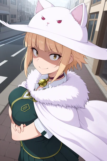1girl, KuraishiTanpopoWitchCraftWorks,
general, solo, pov dating, perspective, dynamic angle, from side, upper body,
animal_ears, short hair, blonde hair, breast,
shaded face,
cat hat,
white cape, fur trim, choker,
school uniform, green vest, pleated skirt,
dating, looking at viewer, v-shaped eyebrows, smile, arms under breasts, closed mouth,
street,
<lora:kp_KuraishiTanpopoWitchCraftWorksIllustrious_v1_0:1.0>,
masterpiece, best quality, amazing quality