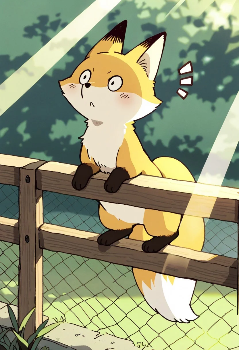 (masterpiece, best quality, high quality, highres), very awa, highres, absurdres,
(fuamusea:0.8), makoto shinkai, chii-kun \(seedyoulater\), (naguru \(cyoroama\):0.8),
(fox:1.2), (no humans:1.1), paws, fur, (cute:1.2), comfy, solo,
surprised, silly, OO,
climbing fence, day, sunlight, sun rays, beautiful background,