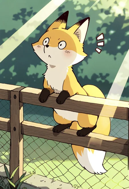 (masterpiece, best quality, high quality, highres), very awa, highres, absurdres,
(fuamusea:0.8), makoto shinkai, chii-kun \(seedyoulater\), (naguru \(cyoroama\):0.8), 
(fox:1.2), (no humans:1.1), paws, fur, (cute:1.2), comfy, solo, 
surprised, silly, OO,
climbing fence, day, sunlight, sun rays, beautiful background,