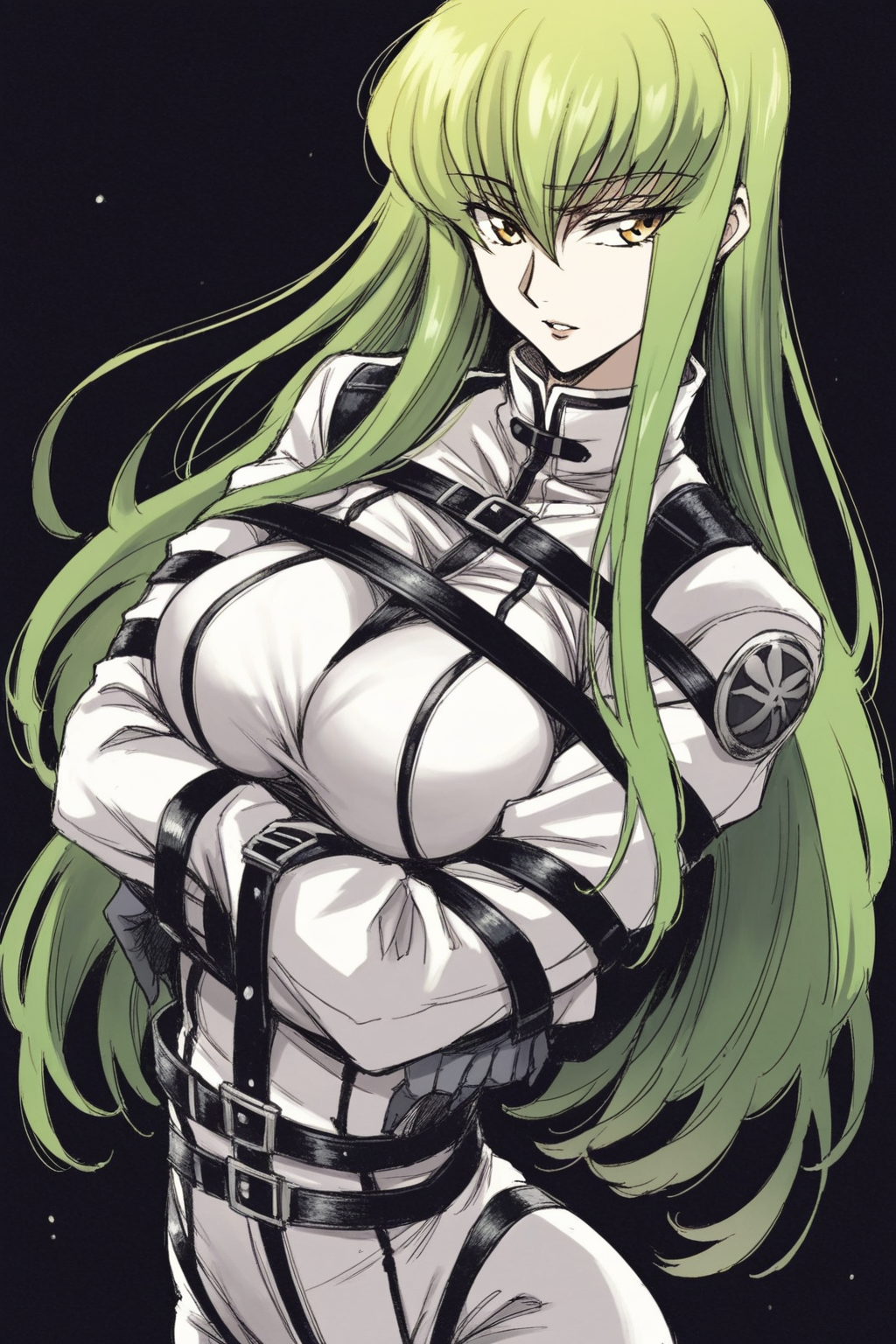 score_9, score_8_up, score_7_up, code geass, c.c., bodysuit, eyes visible through hair, green hair, hair between eyes, large breasts, long hair, long sleeves, sidelocks, straitjacket, white bodysuit, yellow eyes, solo, solo focus, cowboy shot, simple background, black background, monochrome, greyscale, dark  Hands on the waist, looking to the side BREAK p65fn <lora:ruffct:0.8>