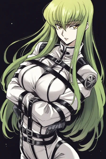 score_9, score_8_up, score_7_up, code geass, c.c., bodysuit, eyes visible through hair, green hair, hair between eyes, large breasts, long hair, long sleeves, sidelocks, straitjacket, white bodysuit, yellow eyes, solo, solo focus, cowboy shot, simple background, black background, monochrome, greyscale, dark Hands on the waist, looking to the side BREAK p65fn <lora:ruffct:0.8>