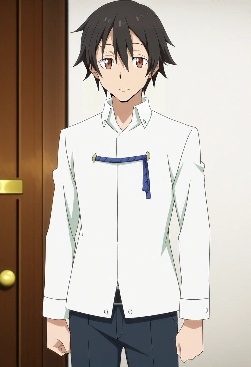 masterpiece, best quality, anime screencap, official style, anime coloring, cowboy shot, 1boy, solo, male focus, <lora:yuuki_kagurazaka_ilxl:0.92>, yuuki_kagurazaka, black hair, brown eyes, short hair, hair between eyes, ,