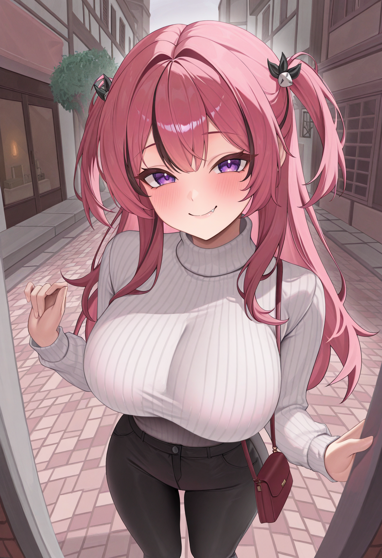 masterpiece, best quality, absurdres, highres, newest, 1girl, solo, <lora:mast-nikke-richy-v1_ixl:1> mstrd, purple eyes, pink hair, two side up, long hair, streaked hair, black hair, large breasts, fang, turtleneck sweater, white sweater, ribbed sweater, standing, outdoors, smile, blush, black pants, looking at viewer, purse