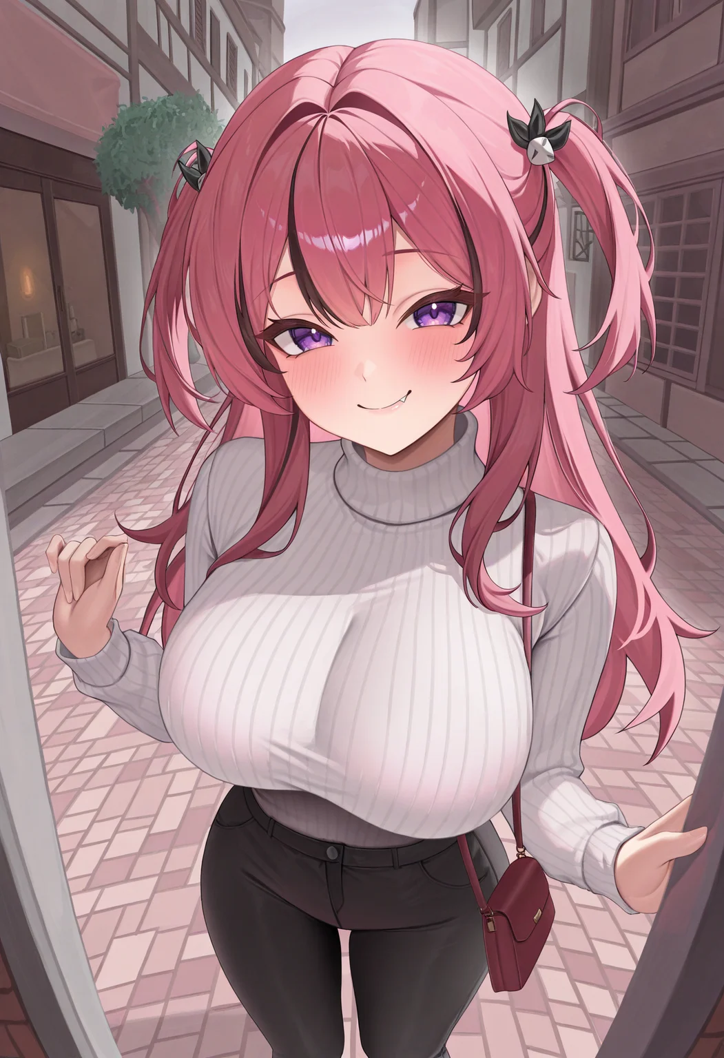 masterpiece, best quality, absurdres, highres, newest, 1girl, solo, <lora:mast-nikke-richy-v1_ixl:1> mstrd, purple eyes, pink hair, two side up, long hair, streaked hair, black hair, large breasts, fang, turtleneck sweater, white sweater, ribbed sweater, standing, outdoors, smile, blush, black pants, looking at viewer, purse